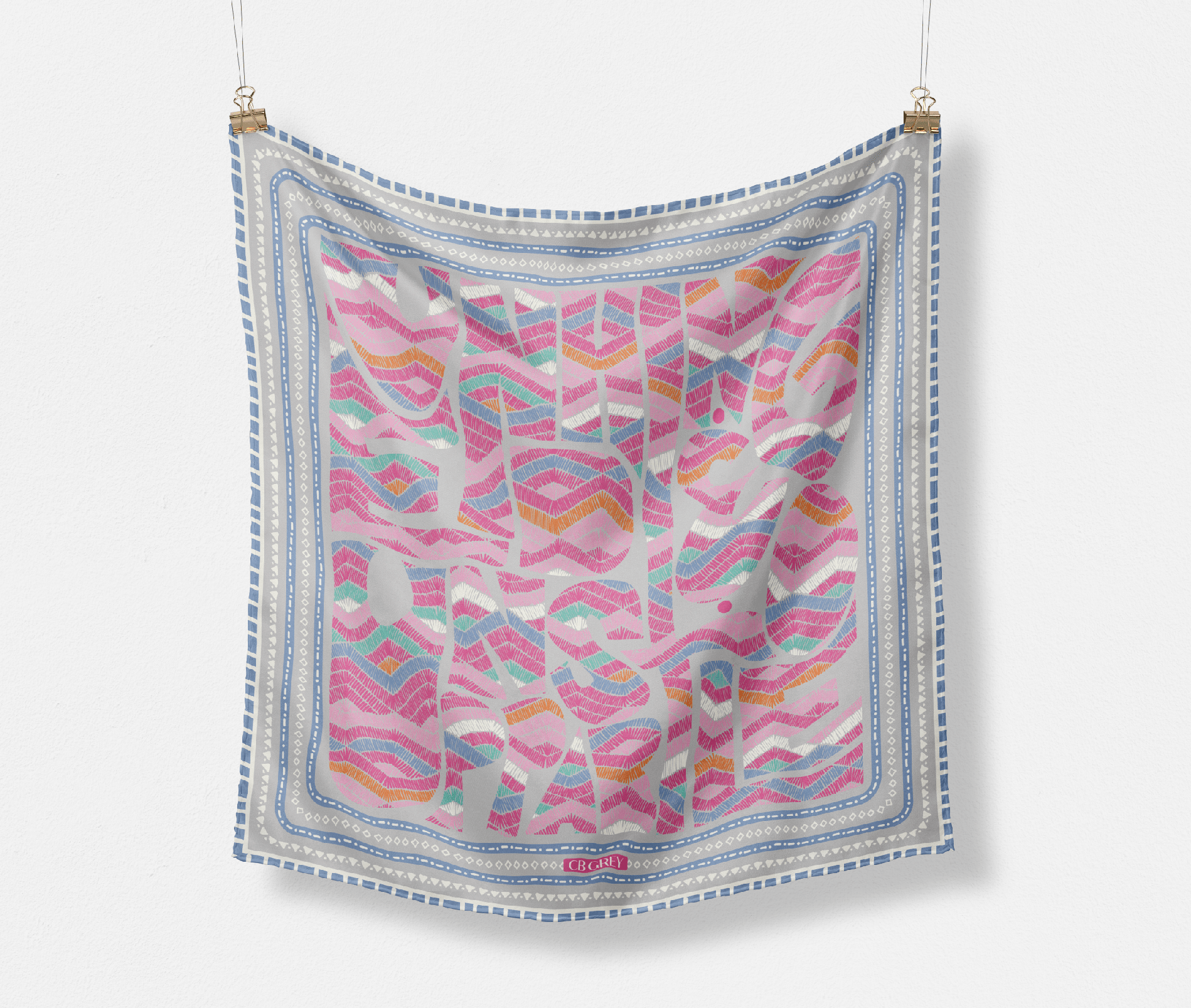 The Secret silk scarf — hand-drawn CB Grey design