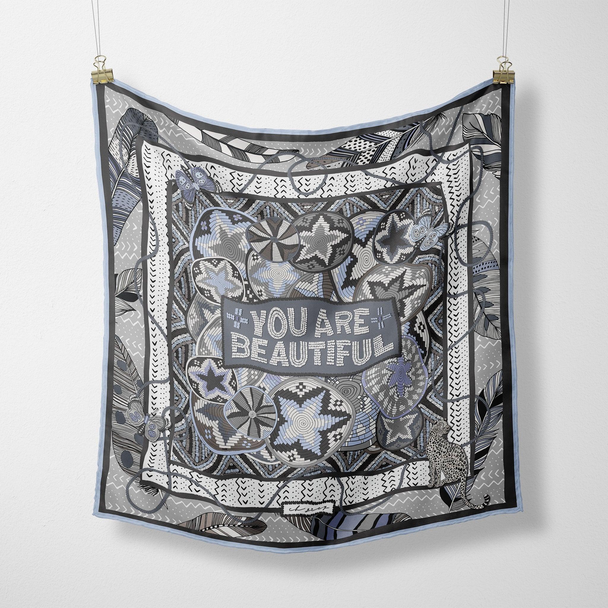 The Coco silk scarf — hand-drawn CB Grey design