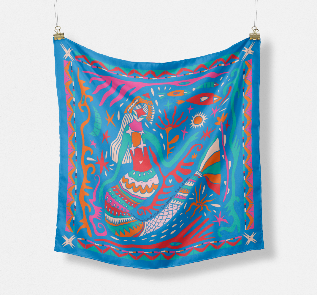 The Sirena silk scarf in the hand-drawn Sirena print — CB Grey