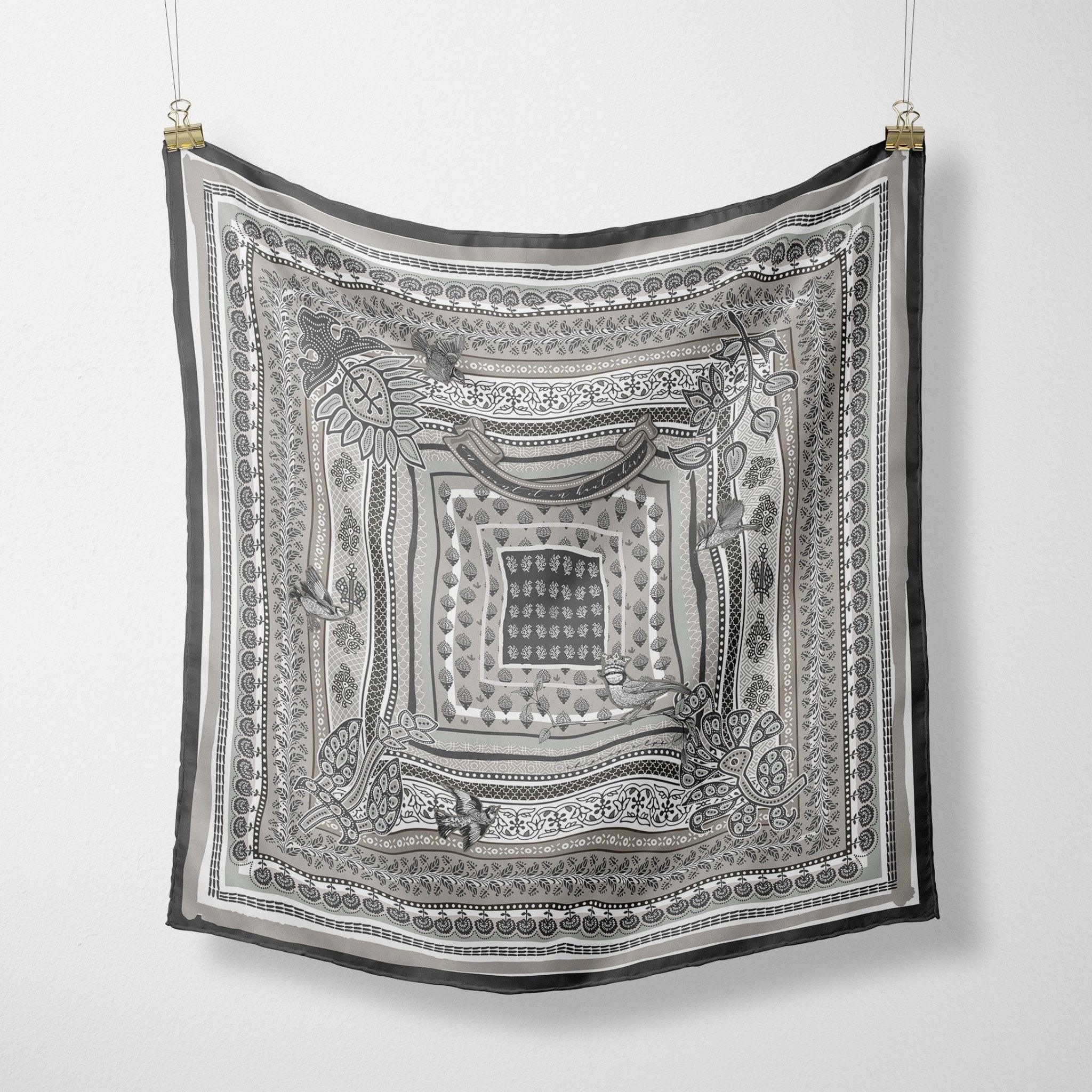 The Cheryl silk scarf — hand-drawn CB Grey design