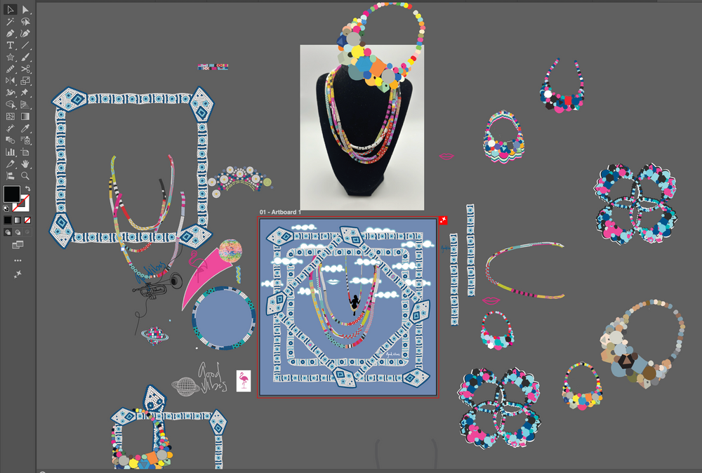 Courtney's working file for The Alice — necklaces, references and design pieces mid-build
