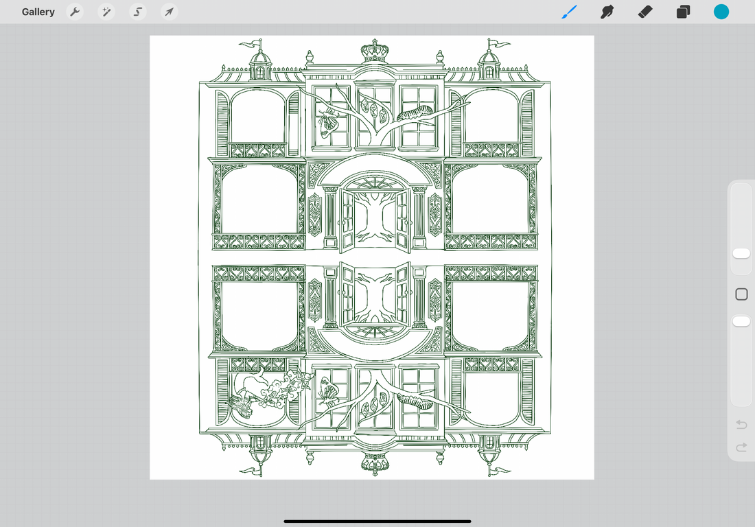 Courtney's working file for the Rex commission — architectural linework in progress